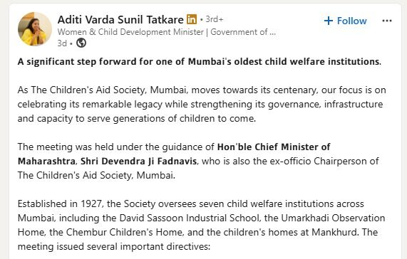 Mrs. Aditi Tatkare LinkedIn Post